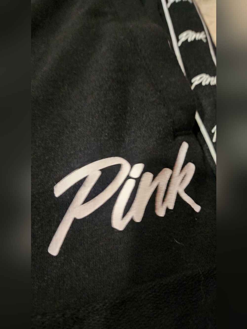 PINK Victoria's Secret Black Athletic Drawstring Logo Stripe Tape Shorts Lg - Picture 2 of 5